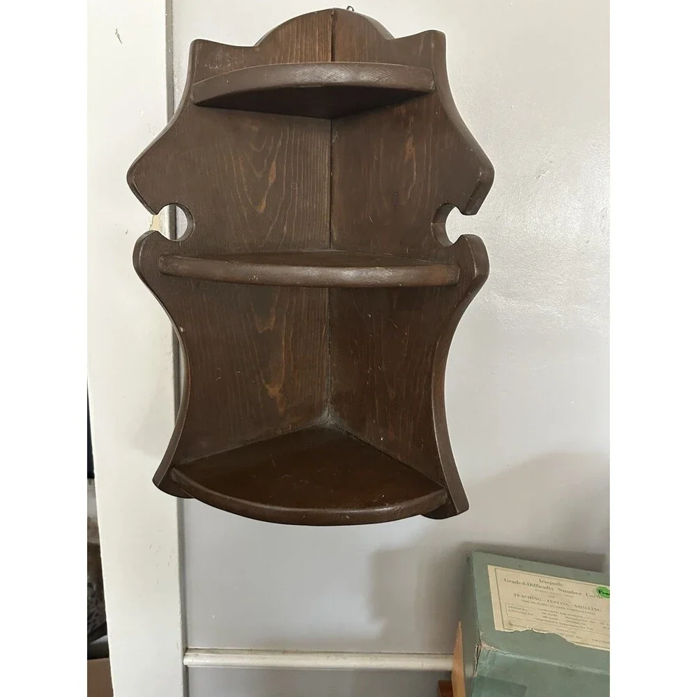 VTG Heavy Wooden Corner Shelf 3 Tiered Dark Stained Knick Knack Shelf